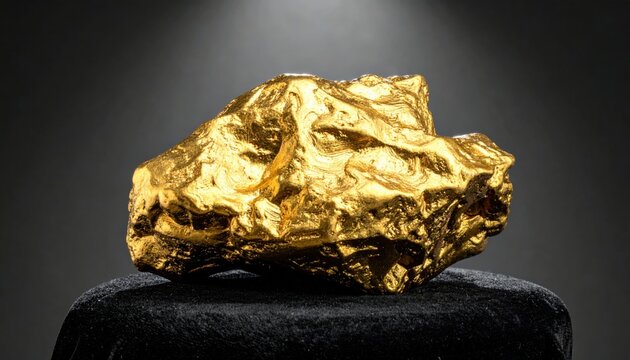 A large, lustrous gold nugget with intricate natural contours rests on a dark textured surface, showcasing its raw, precious beauty.
