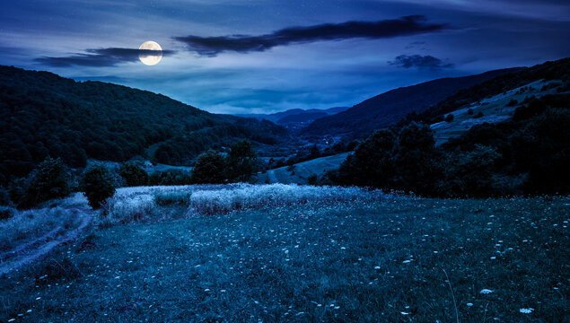 rural field on the hill at night. view in to the valley. countryside mountain landscape. full moon over alpine pasture near forested hills. inner strength to overcome fear, loneliness in darkness