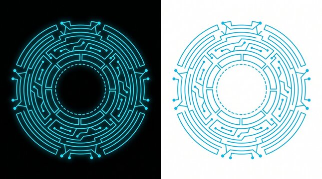 Abstract circular geometric pattern with glowing blue lines on black background