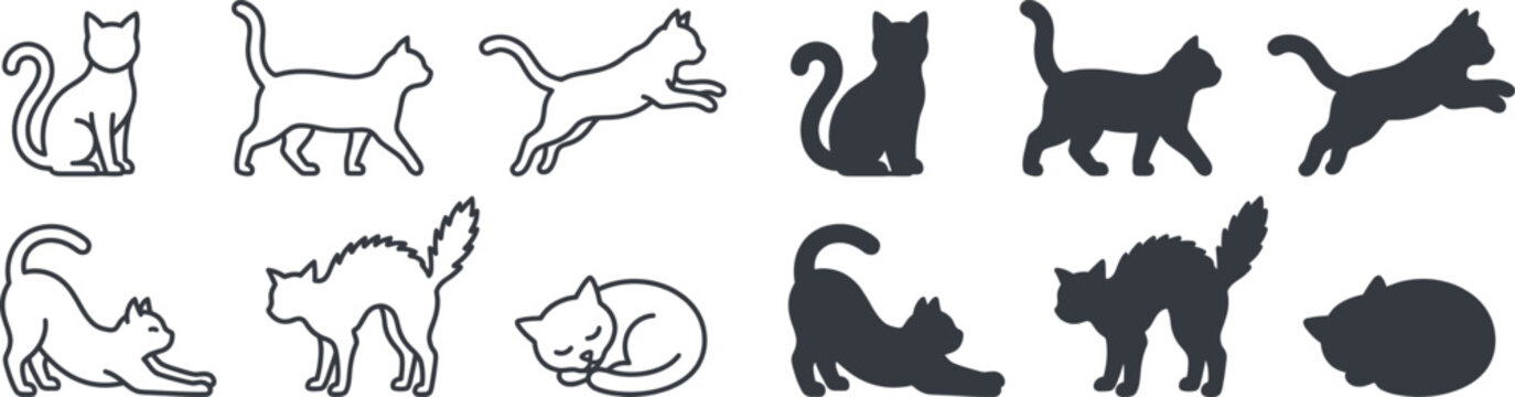 Cat Silhouette and Outline Icon Set with Various Poses
