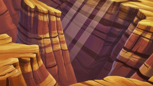 A stylized cartoon illustration of a vibrant canyon with layered rock formations