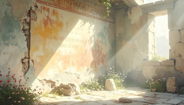 Fragmented ancient wall plaster fresco with faded Greek epigraphy and delicate colors illuminated by sunbeams in ruins.