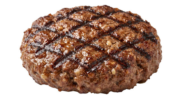 Flame grilled hamburger meat patty close up for restaurant menu on transparent background