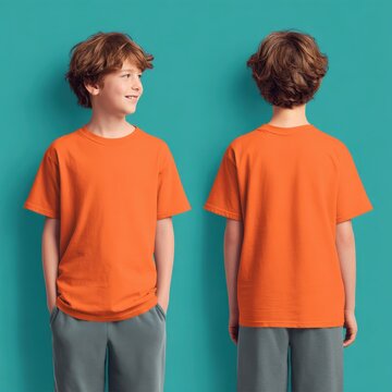 Front and back view of a young boy wearing a blank orange t-shirt on a teal background