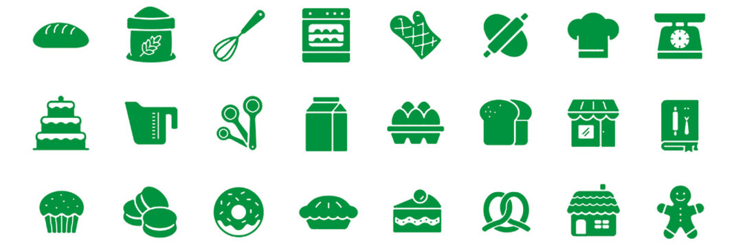 Bakery icon set. Dessert and kitchen tools symbol. Vector illustration.