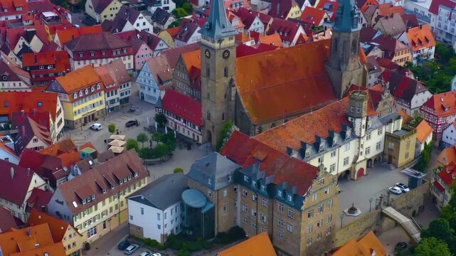 A panoramic aerial view beside the city &Ouml;hringen in Baden-W&uuml;rttemberg in Germany on a sunny spring day