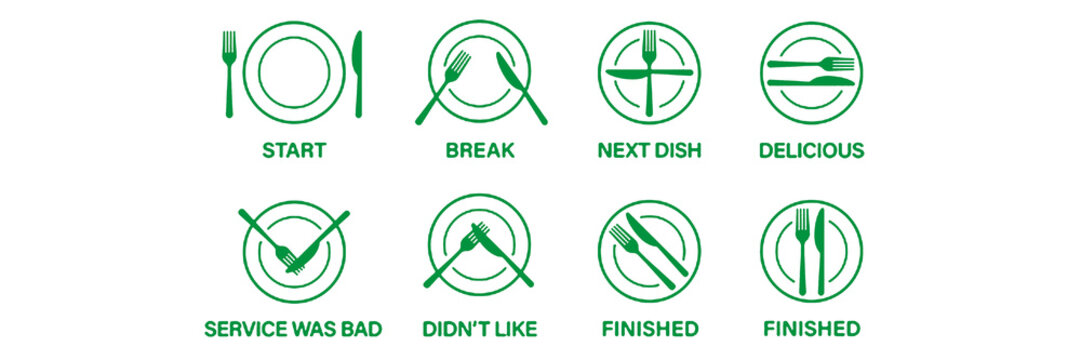 Fork, knife, dish icon set. Tableware setting, dining etiquette, table manner symbol. Plate and cutlery for dinner. Vector illustration.