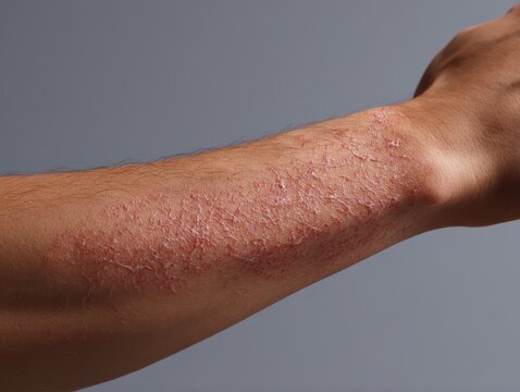 Close-up of severe skin rash on a man's forearm showing signs of eczema, psoriasis, or dermatitis with red inflamed and scaly patches
