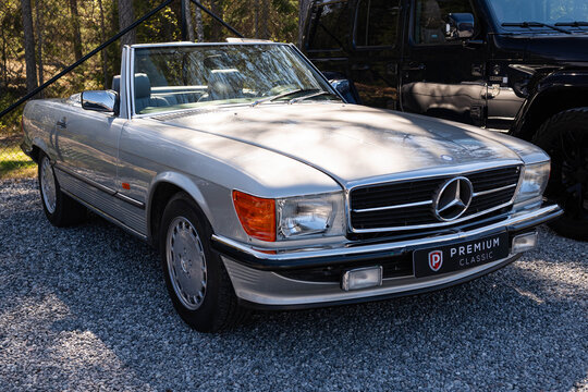 Djurhamn, Sweden - May 10, 2026: Mercedes-Benz SL-Class (R107), a classic luxury convertible roadster produced between 1971 and 1989