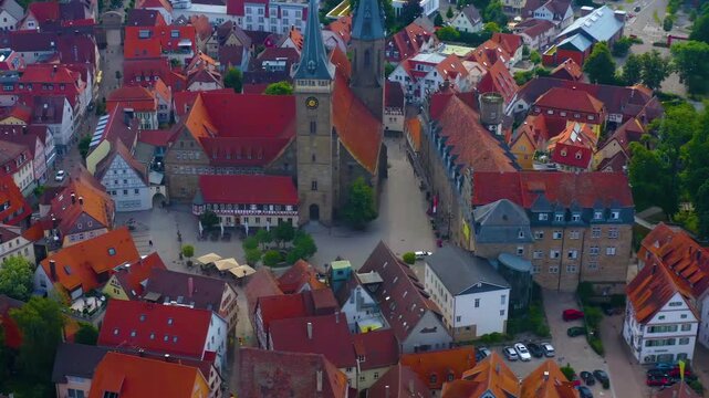 A panoramic aerial view beside the city &Ouml;hringen in Baden-W&uuml;rttemberg in Germany on a sunny spring day