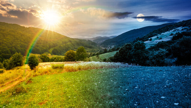 rural field on the hill. time change concept. view in to the valley at twilight. sun and moon over countryside mountain landscape. alpine pasture near forested hills. uncertainty and trust issues