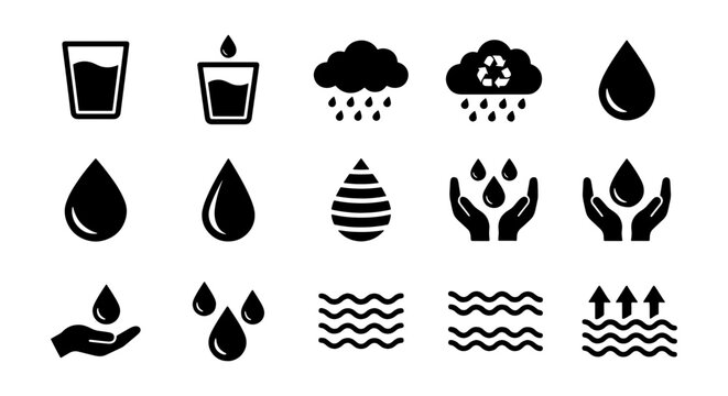 Water Icons Set: Droplets, Rain, Recycling, Hands, Waves, Evaporation, Glass, Liquid, Fluid, Hydration, Purity, Conservation