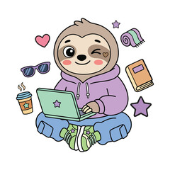 Naklejka premium Cute Sloth Working on Laptop Gen Z Cartoon Flat Vector Illustration
