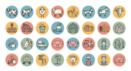 Farm Icons Set: Animals, Equipment, Buildings, and Farmer © Yyrwe