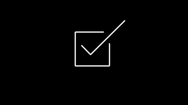 Animated check mark icon inside square box on black background for success task completion or correct answer confirmation