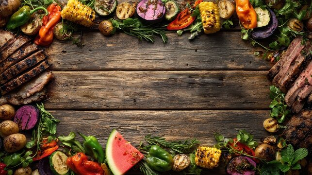 Summer barbecue banner on weathered wood with border food arrangement and central text area