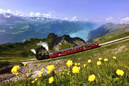 View of the Brienz-Rothorn railway, Lake Brienz and the Bernese Alps, Rothorn mountain, Brienz, Canton of Bern, Switzerland