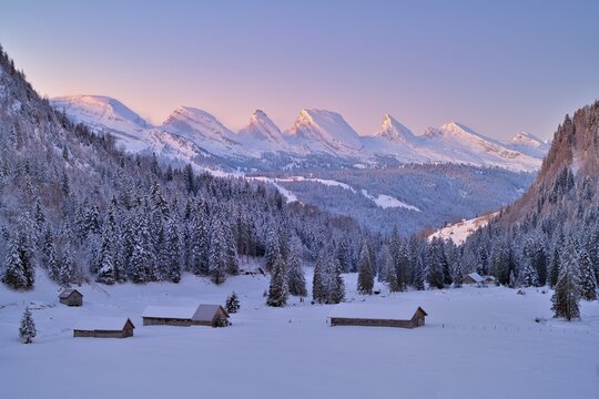 Toggenburg in winter, view of Churfirsten in front of sunrise, Canton St. Gallen, Switzerland