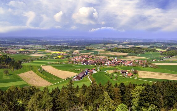 View of village of Buch am Irchel and Z&uuml;rcher Weinland, approaching thunderstorm behind, Andelfingen, Canton of Zurich, Switzerland
