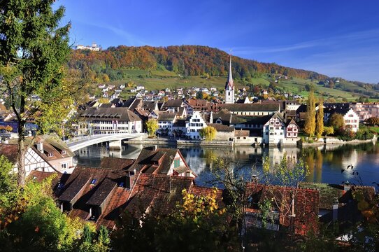 Townview with Hohenklingen Castle in autumn, Stein am Rhein, Canton of Schaffhausen, Switzerland