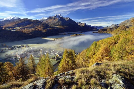 Views of Lake Sils and Piz da la Margna in autumnal Upper Engadine, fog above the valley, Sils-Baselgia, Engadin, Grisons, Switzerland