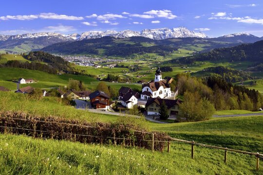 View from the hamlet Schlatt on the Appenzell region, Alpstein with the Saentis in the background, Switzerland