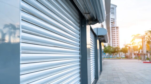 Metal roller shutters on commercial building displaying bent slats from hail impact, reflecting urban environment at sunset