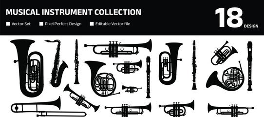 Musical Instrument Collection with Trumpet Trombone Saxophone and Brass Band Symbols for Music Graphic Design Projects © Joy