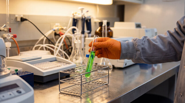A gloved hand holding a test tube with green liquid in a laboratory setting with various equipment and tools on the counter