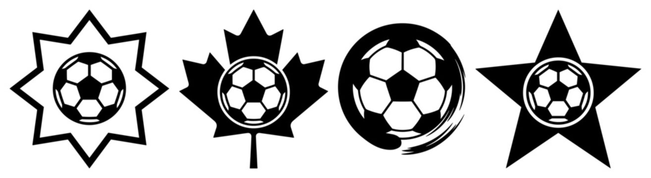 Soccer ball logo icons featuring maple leaf and star shapes set