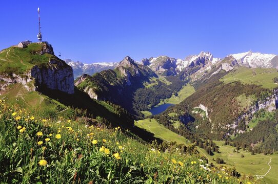 Cable car on Hoher Kasten mountain, Alpstein region, lake S&auml;mtisersee and Kreuzberge mountains, Altmann mountain, Santis mountain, Canton of Appenzell Innerrhoden, Canton of St. Gallen, Switzerland