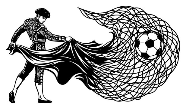 Bullfighter matador waving cape that transforms into soccer net with ball in classic engraving style
