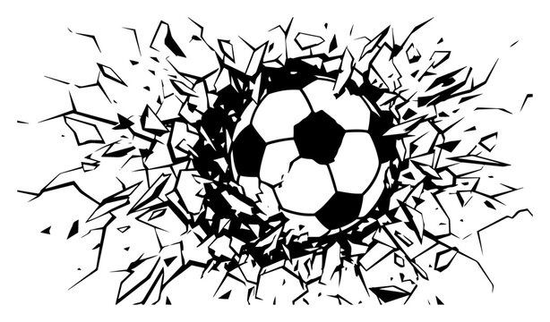 Soccer ball breaking through wall with shattered debris in dynamic graphic style