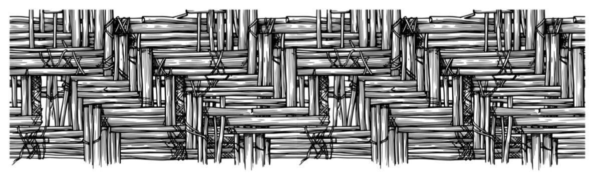 Woven wooden logs and timber structure pattern in detailed line art style