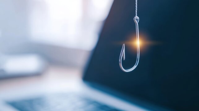 Phishing hook glowing, symbolizing cyber security threat, online fraud, and data theft against a laptop background