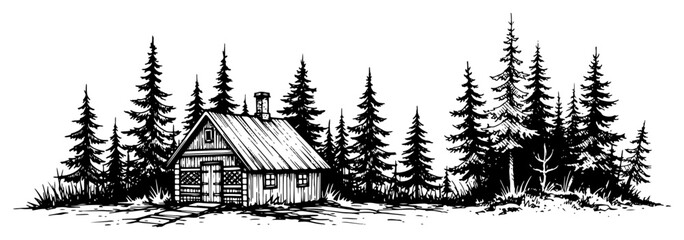 Wooden cabin in pine forest landscape in vintage hand drawn sketch style © OnlyVector