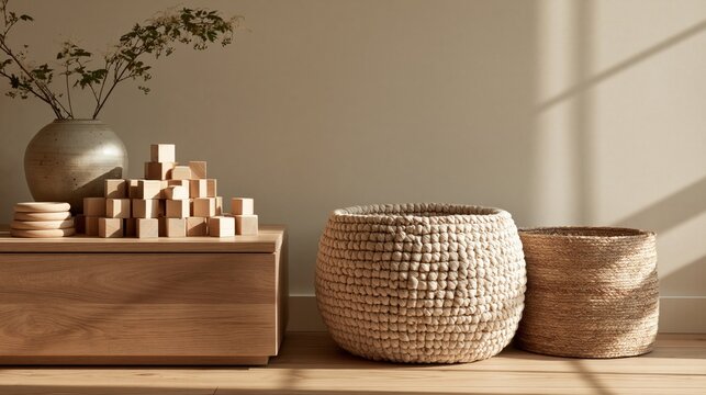 Wooden blocks and a woven hamper sit on a dresser in a child's room.