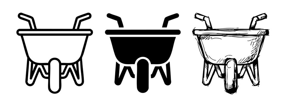 Set of three wheelbarrow icons, outline, silhouette and sketch design styles for garden and construction projects
