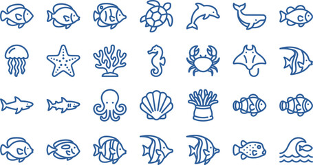 Marine life icon set featuring various sea animals and ocean creatures in a clean linear style © Septarim
