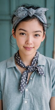 Asian woman with playful tie and cloth headband - kooky young woman with zest for cheerfulness and unique style