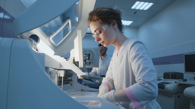 Scientists working with diagnostic materials at advanced laboratory station. Concept infectious disease research, virology and global health studies including hantavirus and coronavirus.
