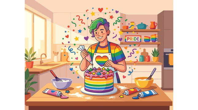 Vibrant LGBT pride month celebration featuring person decorating rainbow cake