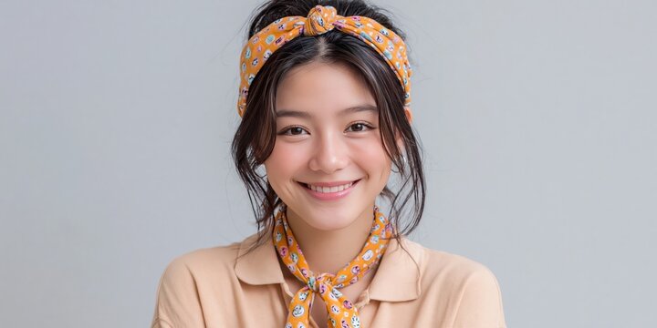 Asian woman with playful tie and cloth headband - kooky young woman with zest for cheerfulness and unique style