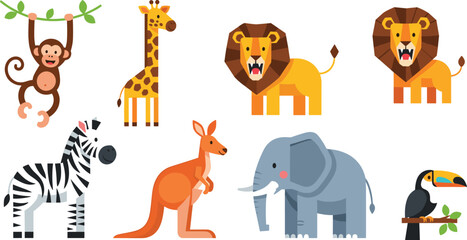 Fototapeta premium Wild Animal Icon Set Featuring Monkey, Lion, Giraffe, Zebra, Kangaroo, Elephant, and Toucan for Jungle and Wildlife Designs