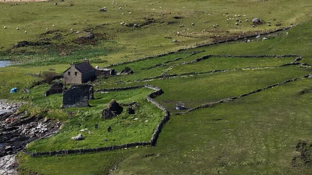 Aerial view of the Inishkeel monastery by Portnoo in County Donegal, Ireland.