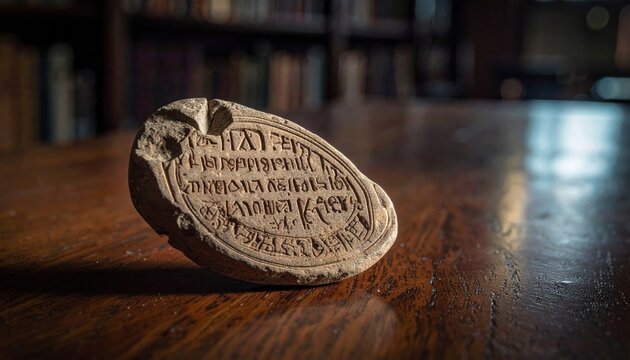 Ancient clay tablet meticulously inscribed with cuneiform script on a wooden table