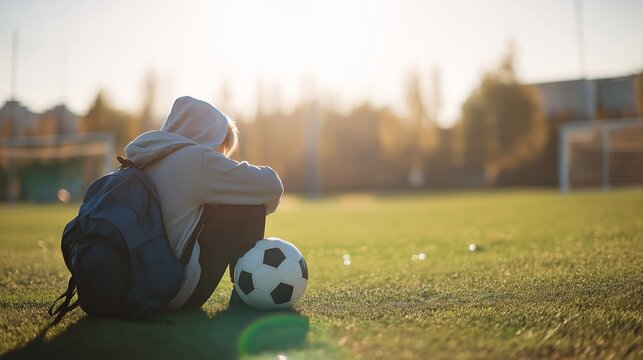 Young person sitting dejected on a green grass field beside a soccer ball, feeling rejection and personal failure
