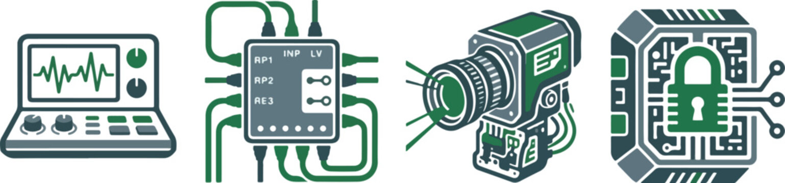 Advanced electronics laboratory equipment including digital oscilloscope multi port interface camera and data security.
