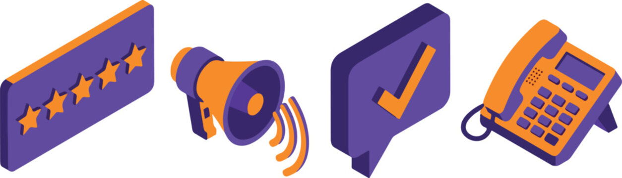 Business customer service communication marketing feedback office telephony set of isolated flat isometric icons.