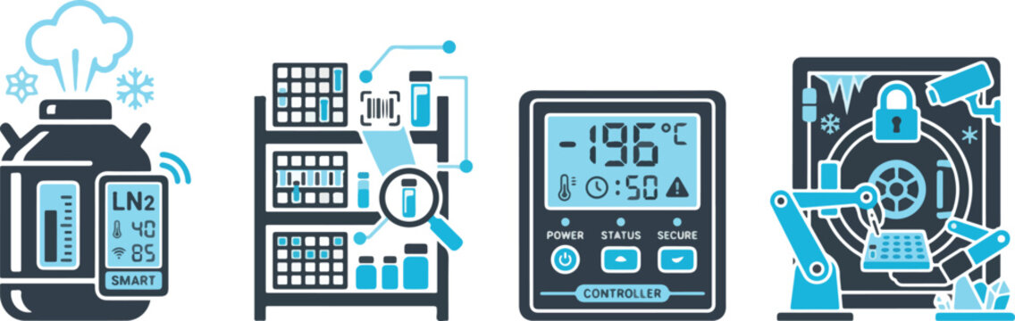 Cryogenic nitrogen tank storage and monitoring icons for laboratory cryopreservation and biotechnology research.